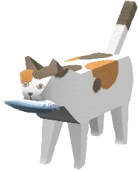 a calico cat from katamari with a fish in its mouth